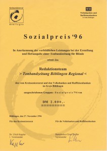 Urkunde zur Verleihung des Sozialpreises 1996